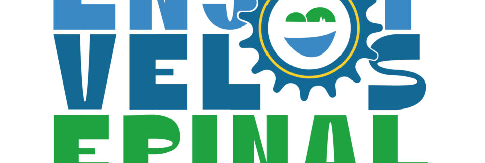 Logo con la parola ENJOY in lettere blu in grassetto, con una ruota dentata attorno a un emblema circolare che mostra colline verdi e acqua blu, e testo verde con la scritta 'ENVIRONMENTAL' sotto (più un sottotitolo più piccolo).