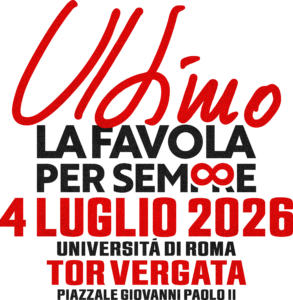 Poster grafico con una grande parola rossa in corsivo su sfondo nero, sovrapposta da testo grigio in maiuscolo che recita Università di Roma e Tor Vergata, creando un audace design tipografico.